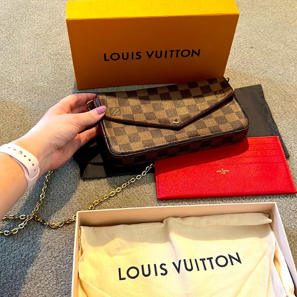 Louis Vuitton Handbags - Louis Vuitton Damier Ebene Pochette Felicie Chain Wallet,  with red insert